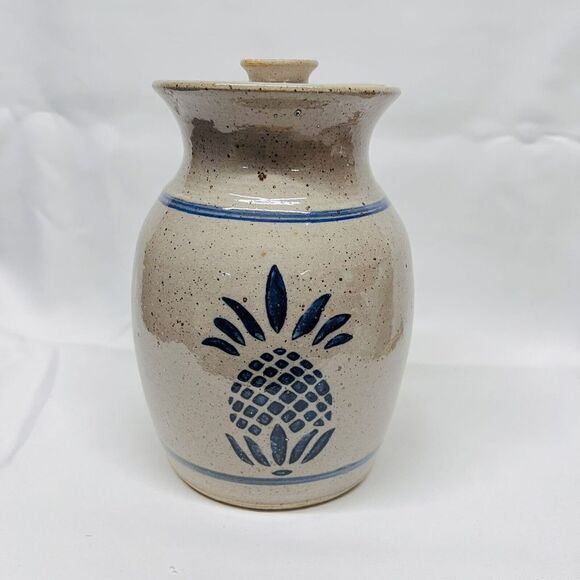 Vintage DK NC 1987 Pottery Pineapple Crock Jar with Lid North Carolina USA 8”